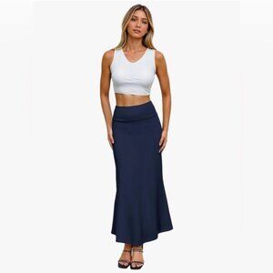 Navy Blue Ribbed 94% Cotton A-Line High-Waist Maxi Stretch Casual Modest Skirt S